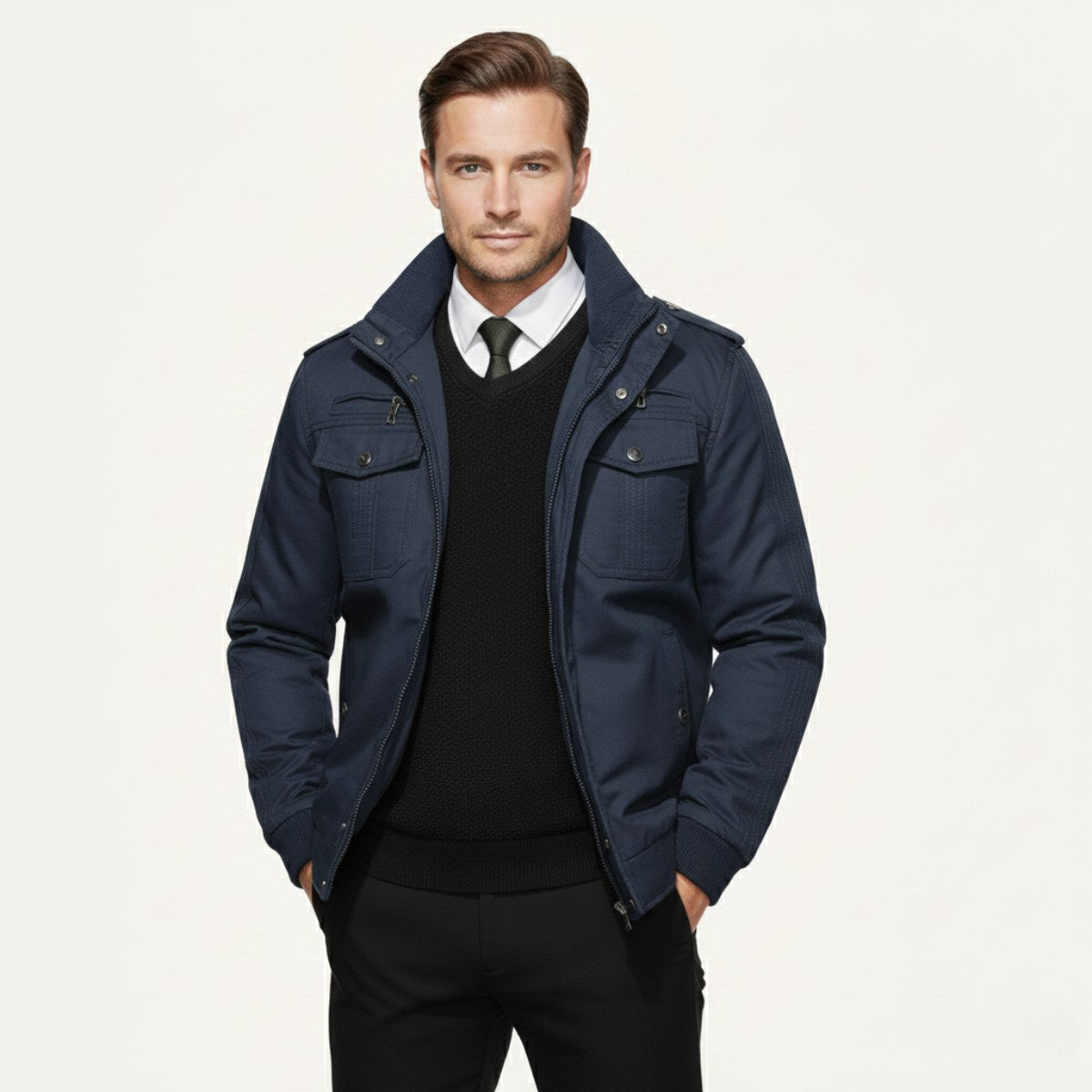 Maxwell | Men's Fleece-Lined Zip-Up Jacket, Military-Style Autumn Coat | Bella Blue