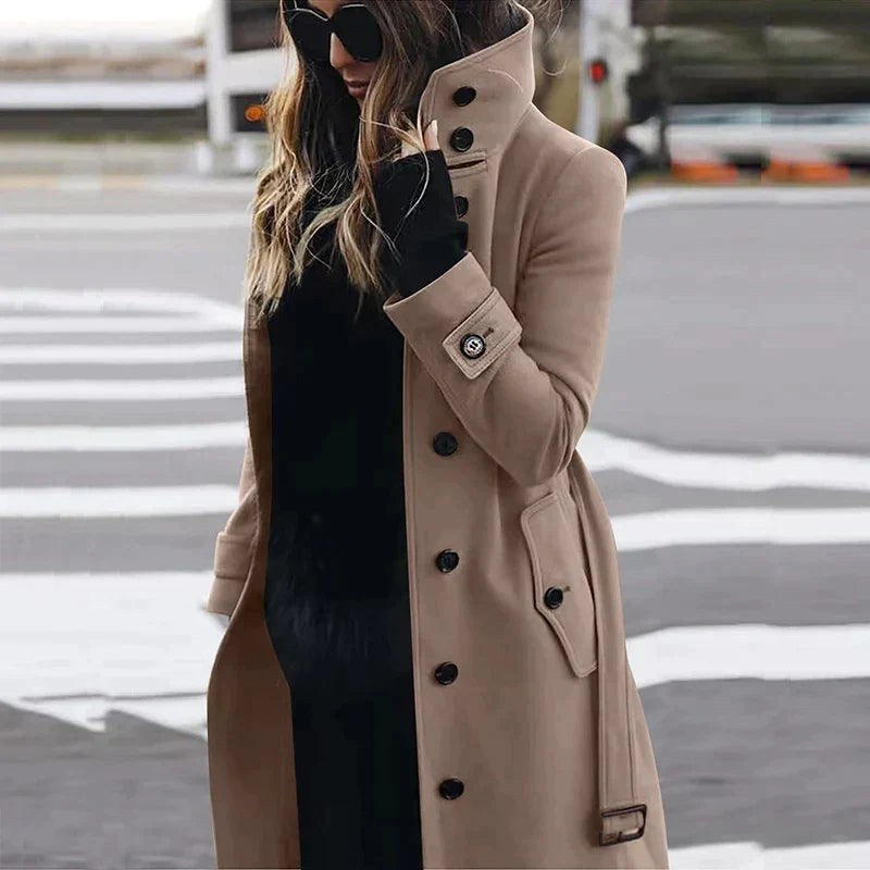 Maya | Women's Double-Breasted Trench Coat with Waist Belt, Collared Autumn Coat | Bella Blue