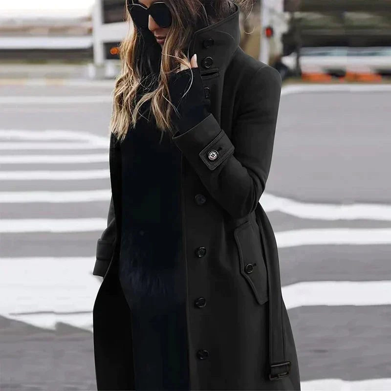 Maya | Women's Double-Breasted Trench Coat with Waist Belt, Collared Autumn Coat | Bella Blue