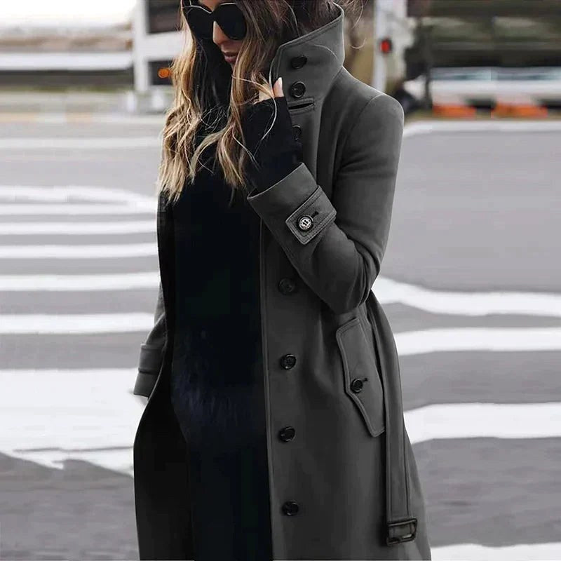 Maya | Women's Double-Breasted Trench Coat with Waist Belt, Collared Autumn Coat | Bella Blue