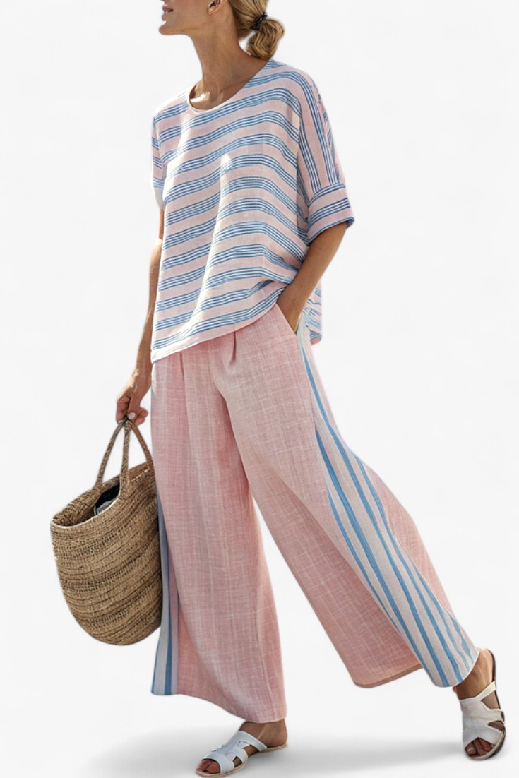 Melanie | Women's Elegant Pastel Linen Two-Piece Set - Multi Coloured Stripes
