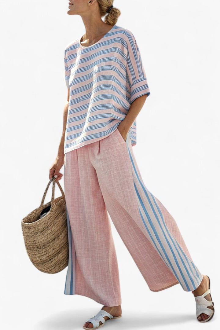 Melanie | Women's Elegant Pastel Linen Two-Piece Set - Multi Coloured Stripes