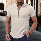 Michael | Men's Linen Henley Shirt, Short-Sleeve Casual Top | Bella Blue