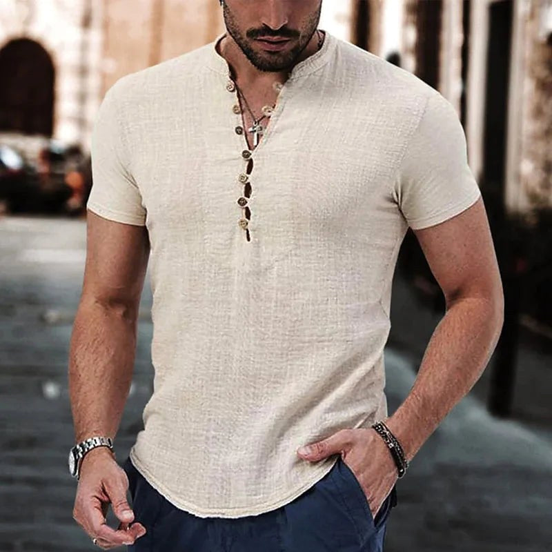 Michael | Men's Linen Henley Shirt, Short-Sleeve Casual Top | Bella Blue