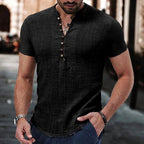 Michael | Men's Linen Henley Shirt, Short-Sleeve Casual Top | Bella Blue
