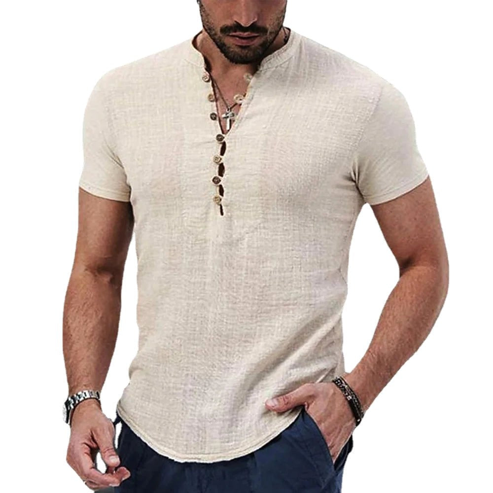 Michael | Men's Linen Henley Shirt, Short-Sleeve Casual Top | Bella Blue