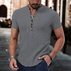 Michael | Men's Linen Henley Shirt, Short-Sleeve Casual Top | Bella Blue