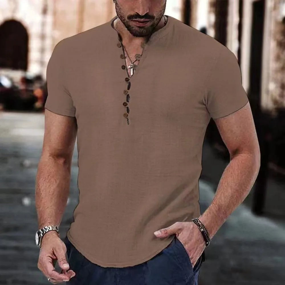 Michael | Men's Linen Henley Shirt, Short-Sleeve Casual Top | Bella Blue