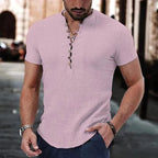 Michael | Men's Linen Henley Shirt, Short-Sleeve Casual Top | Bella Blue