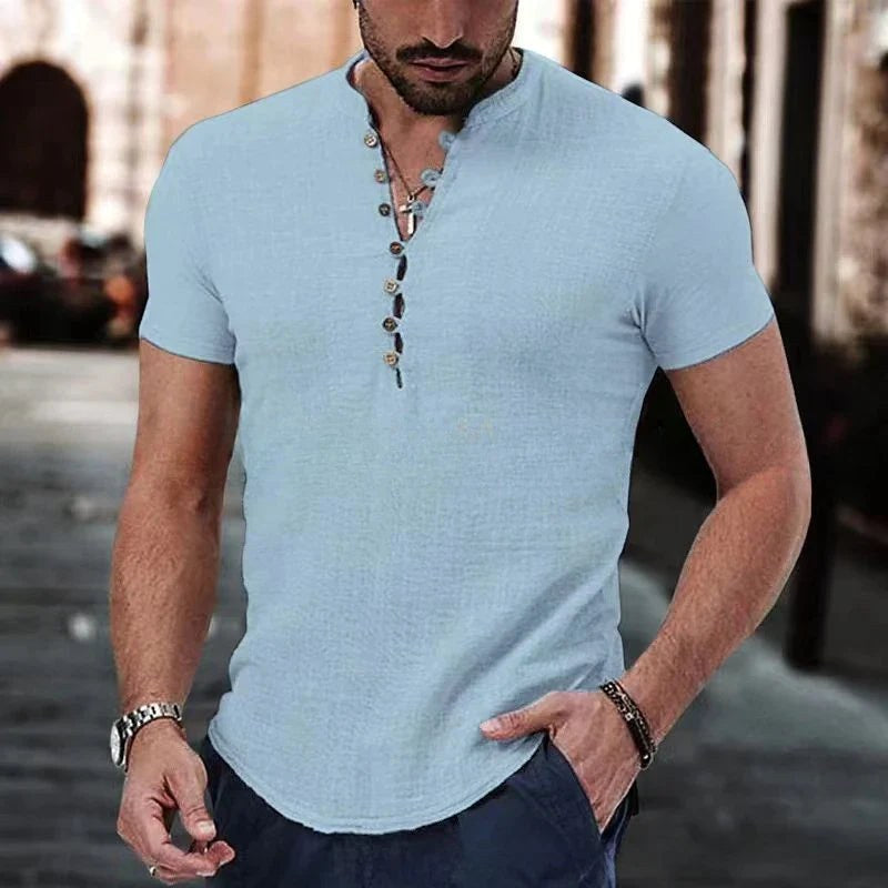 Michael | Men's Linen Henley Shirt, Short-Sleeve Casual Top | Bella Blue