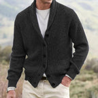 Michael | Men's Shawl Collar Cardigan with Button Front, Ribbed Knit Long Sleeve Cardigan | Bella Blue | Black