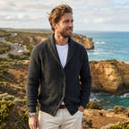 Michael | Men's Shawl Collar Cardigan with Button Front, Ribbed Knit Long Sleeve Cardigan | Bella Blue | Khaki