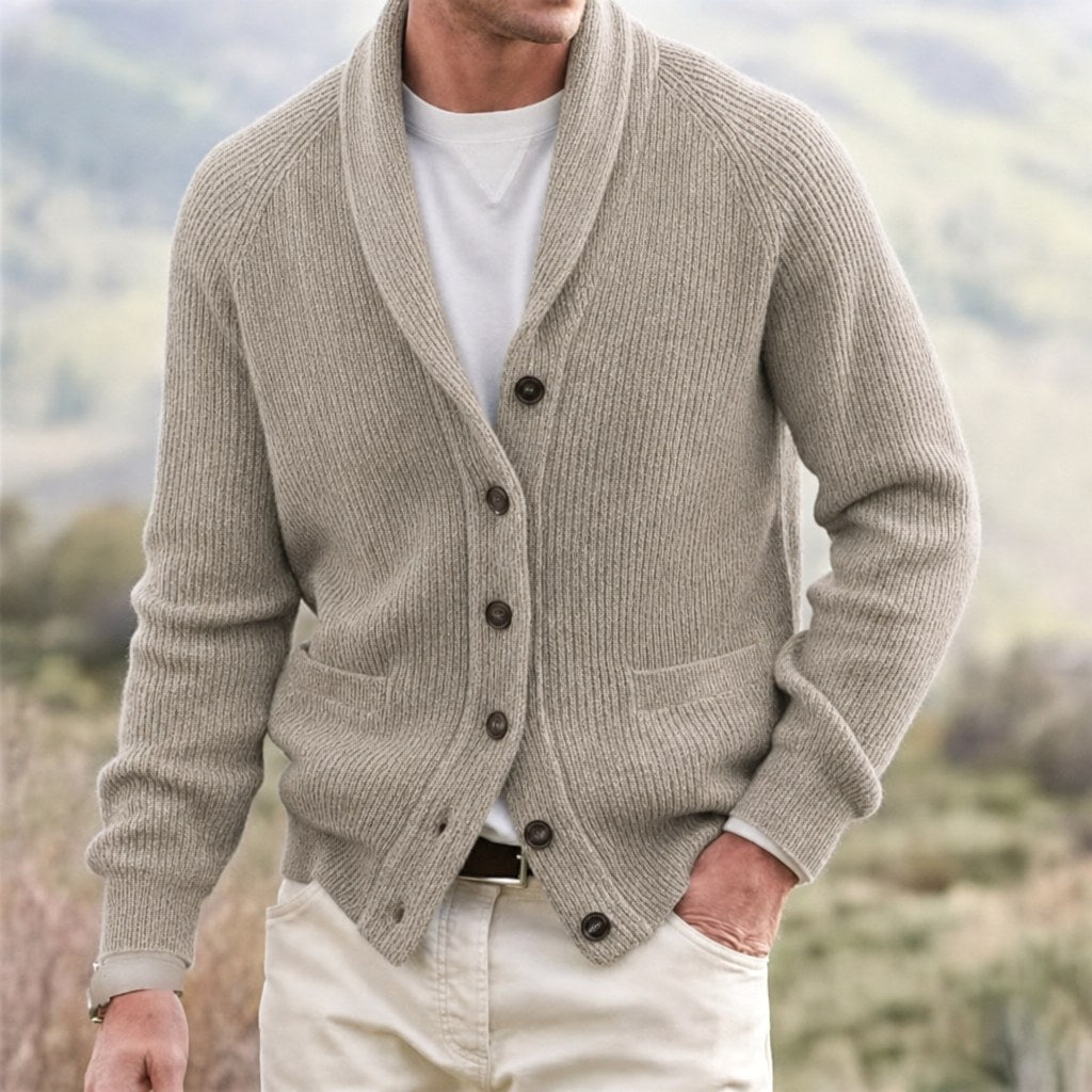 Michael | Men's Shawl Collar Cardigan with Button Front, Ribbed Knit Long Sleeve Cardigan | Bella Blue