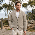Michael | Men's Shawl Collar Cardigan with Button Front, Ribbed Knit Long Sleeve Cardigan | Bella Blue