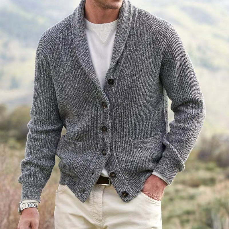 Michael | Men's Shawl Collar Cardigan with Button Front, Ribbed Knit Long Sleeve Cardigan | Bella Blue