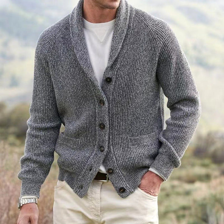 Michael | Men's Shawl Collar Cardigan with Button Front, Ribbed Knit Long Sleeve Cardigan | Bella Blue