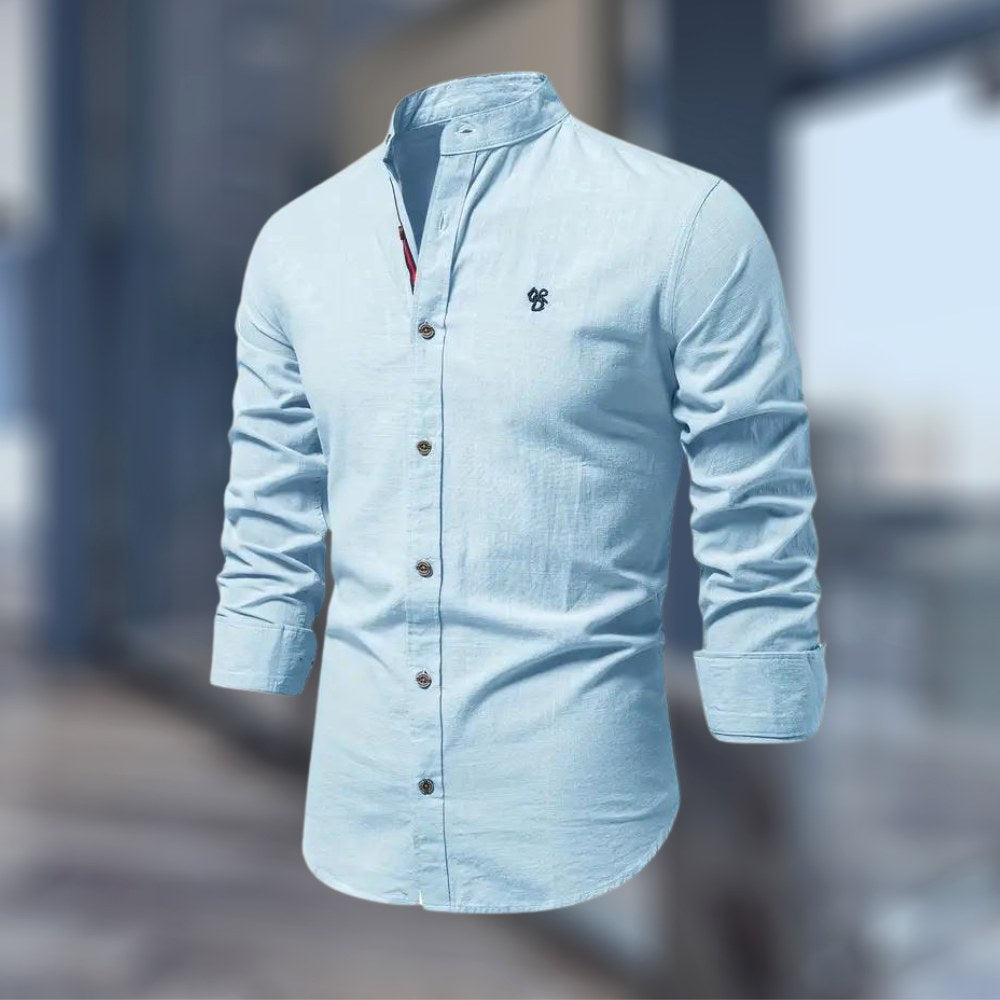 Miles | Men's Fitted Shirt with Stand Collar, Long-Sleeve Button-Up Shirt | Bella Blue