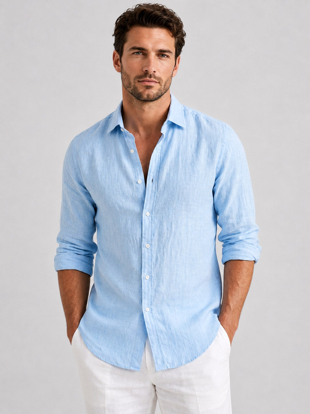 Mitchell | Men's Linen-Look Shirt, Relaxed Fit Button-Up | Bella Blue | Light Blue