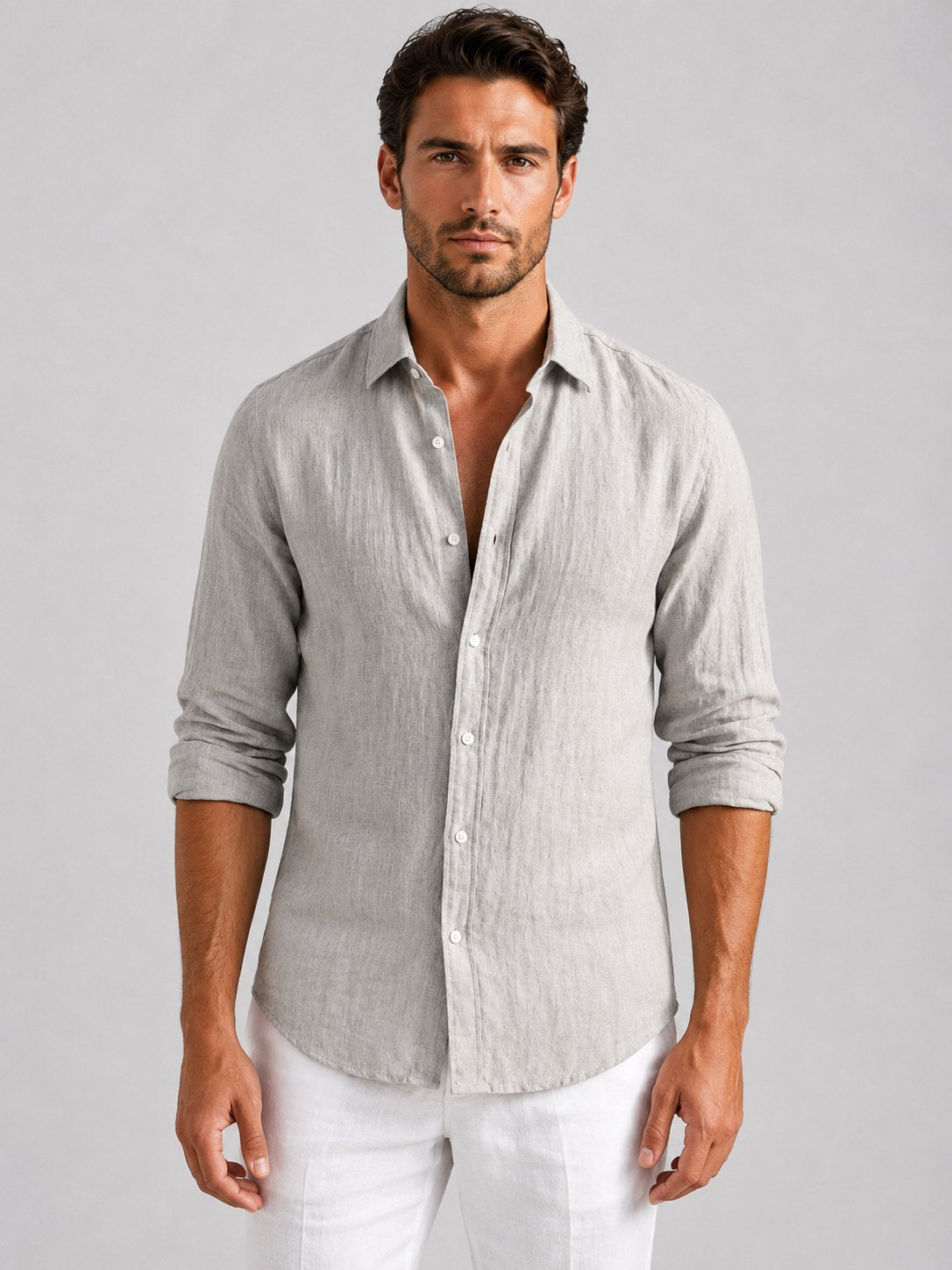 Mitchell | Men's Linen-Look Shirt, Relaxed Fit Button-Up | Bella Blue | Beige