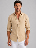 Mitchell | Men's Linen-Look Shirt, Relaxed Fit Button-Up | Bella Blue | Black
