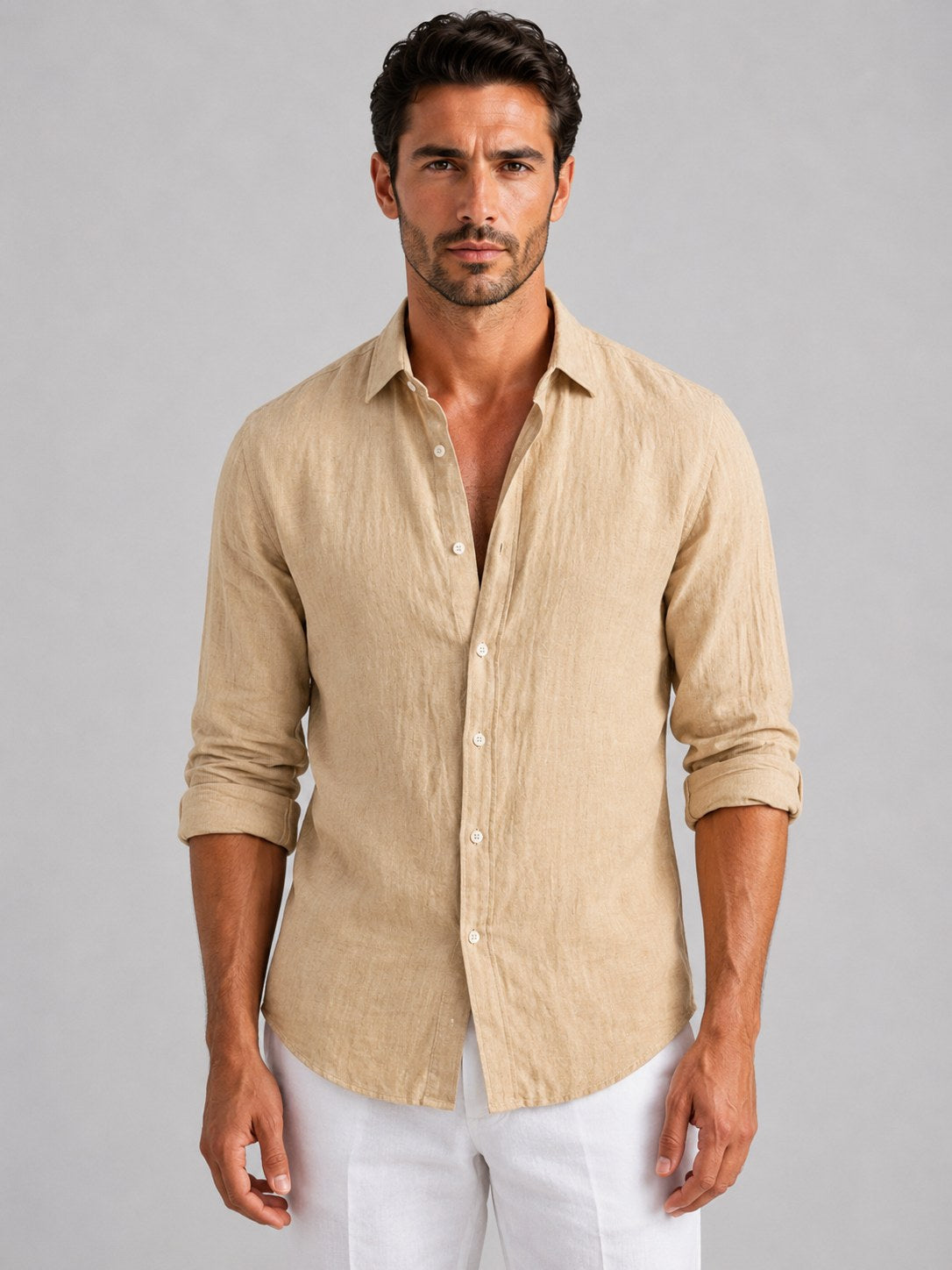 Mitchell | Men's Linen-Look Shirt, Relaxed Fit Button-Up | Bella Blue | Black