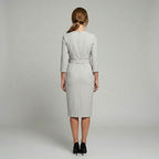 Molly | Women's Fitted Midi Dress with Belt and Three-Quarter Sleeves, V-Neck Midi Dress | Bella Blue