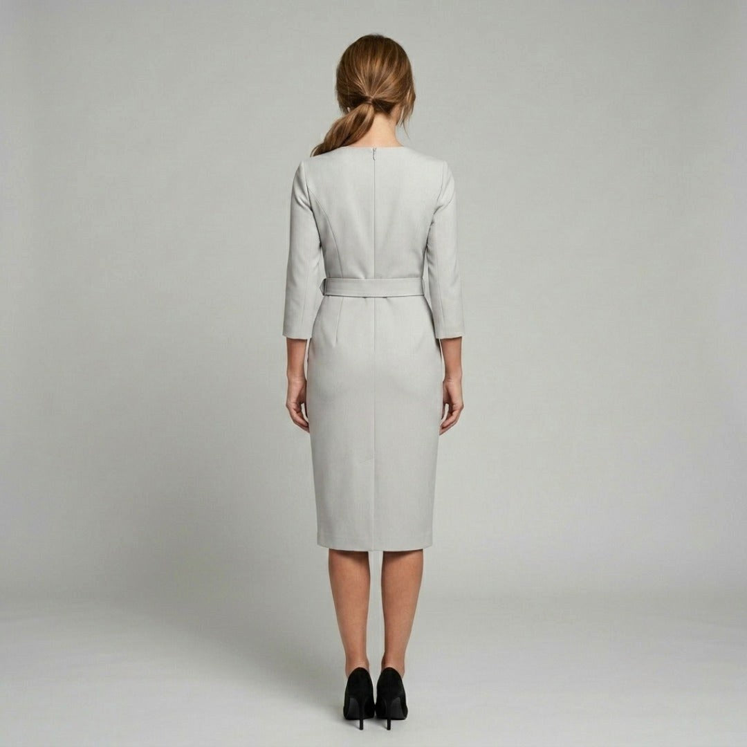 Molly | Women's Fitted Midi Dress with Belt and Three-Quarter Sleeves, V-Neck Midi Dress | Bella Blue