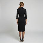 Molly | Women's Fitted Midi Dress with Belt and Three-Quarter Sleeves, V-Neck Midi Dress | Bella Blue
