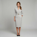 Molly | Women's Fitted Midi Dress with Belt and Three-Quarter Sleeves, V-Neck Midi Dress | Bella Blue