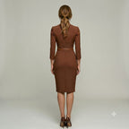 Molly | Women's Fitted Midi Dress with Belt and Three-Quarter Sleeves, V-Neck Midi Dress | Bella Blue