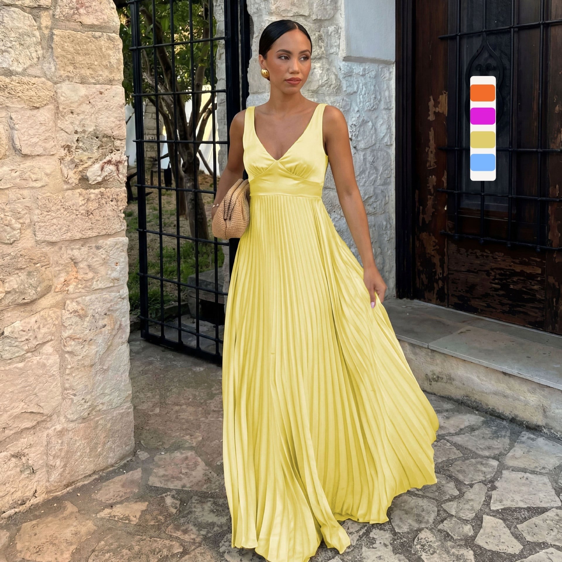 Monique | Women's Pleated Maxi Dress with V-Neckline, Formal Wedding Guest Dress | Bella Blue | Magenta