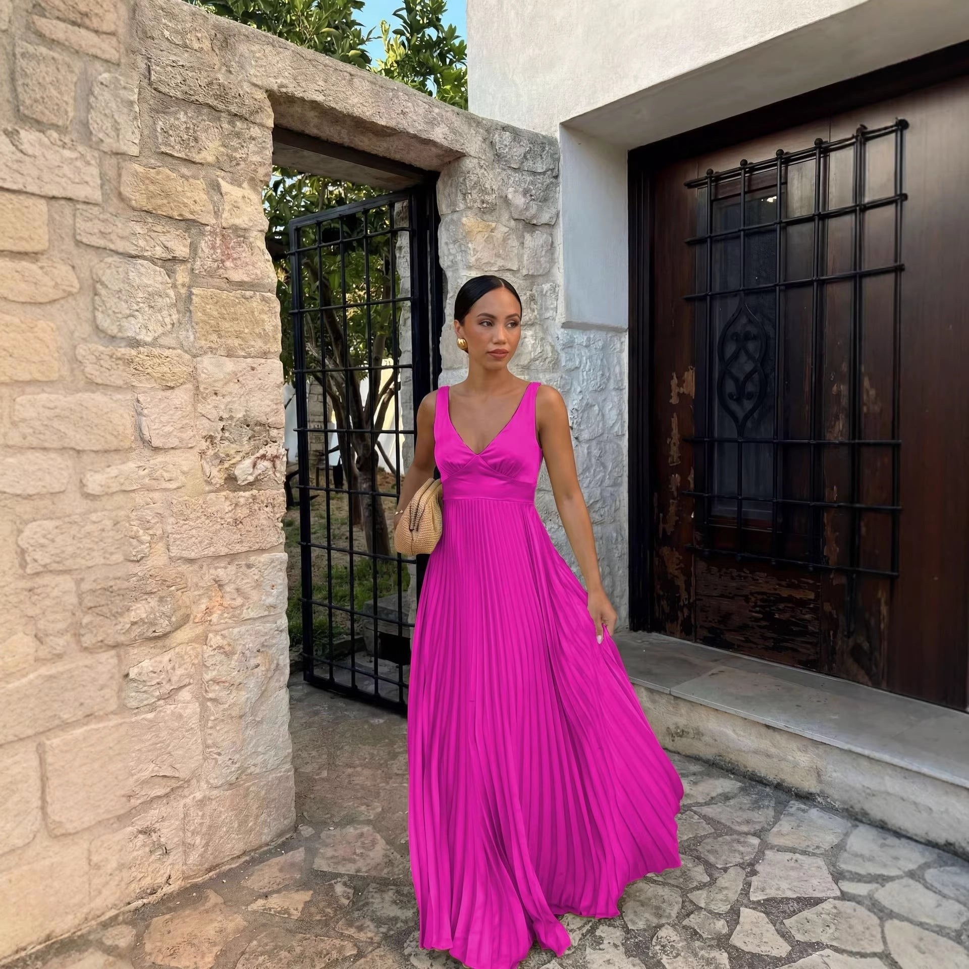 Monique | Women's Pleated Maxi Dress with V-Neckline, Formal Wedding Guest Dress | Bella Blue | Teal
