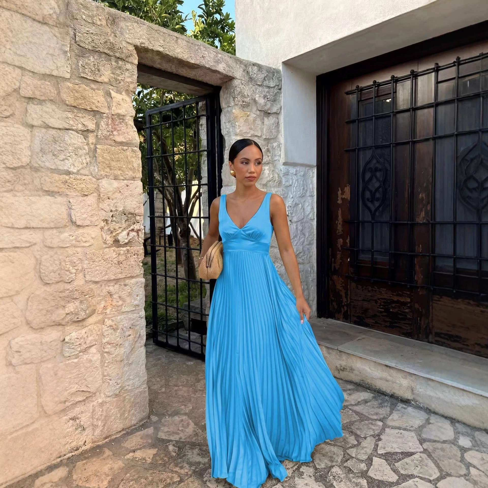 Monique | Women's Pleated Maxi Dress with V-Neckline, Formal Wedding Guest Dress | Bella Blue | Orange-Red