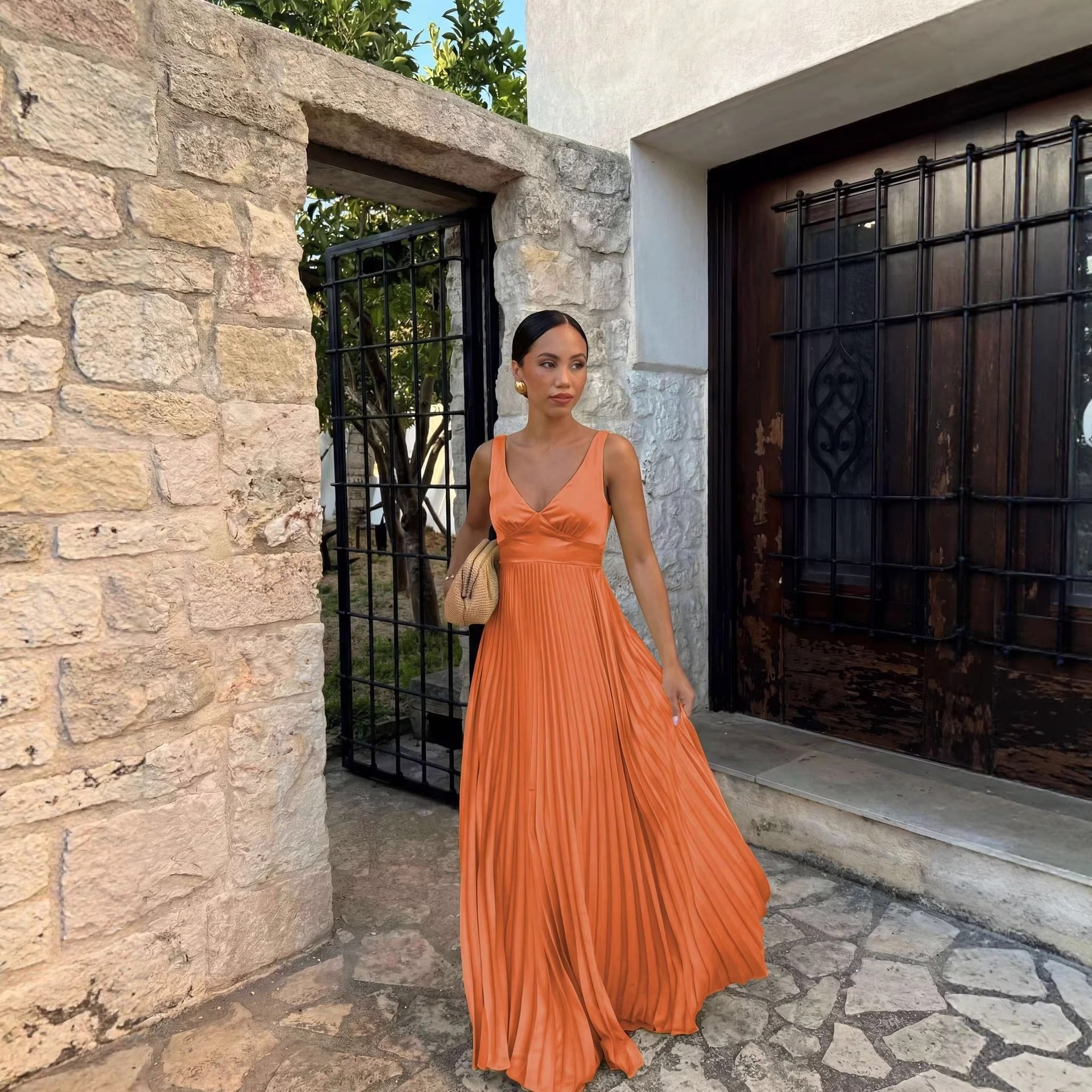 Monique | Women's Pleated Maxi Dress with V-Neckline, Formal Wedding Guest Dress | Bella Blue | Yellow