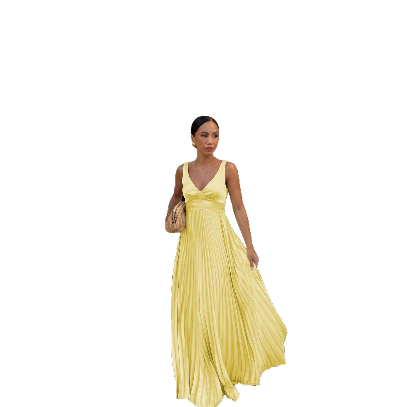 Monique | Women's Pleated Maxi Dress with V-Neckline, Formal Wedding Guest Dress | Bella Blue