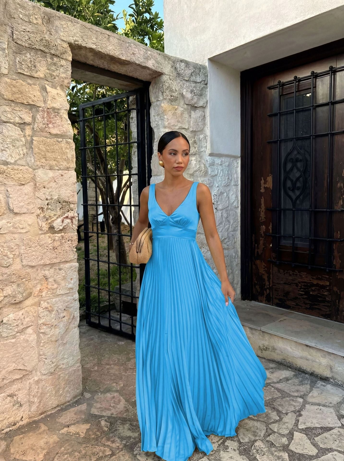 Monique | Women's Pleated Maxi Dress with V-Neckline, Formal Wedding Guest Dress | Bella Blue