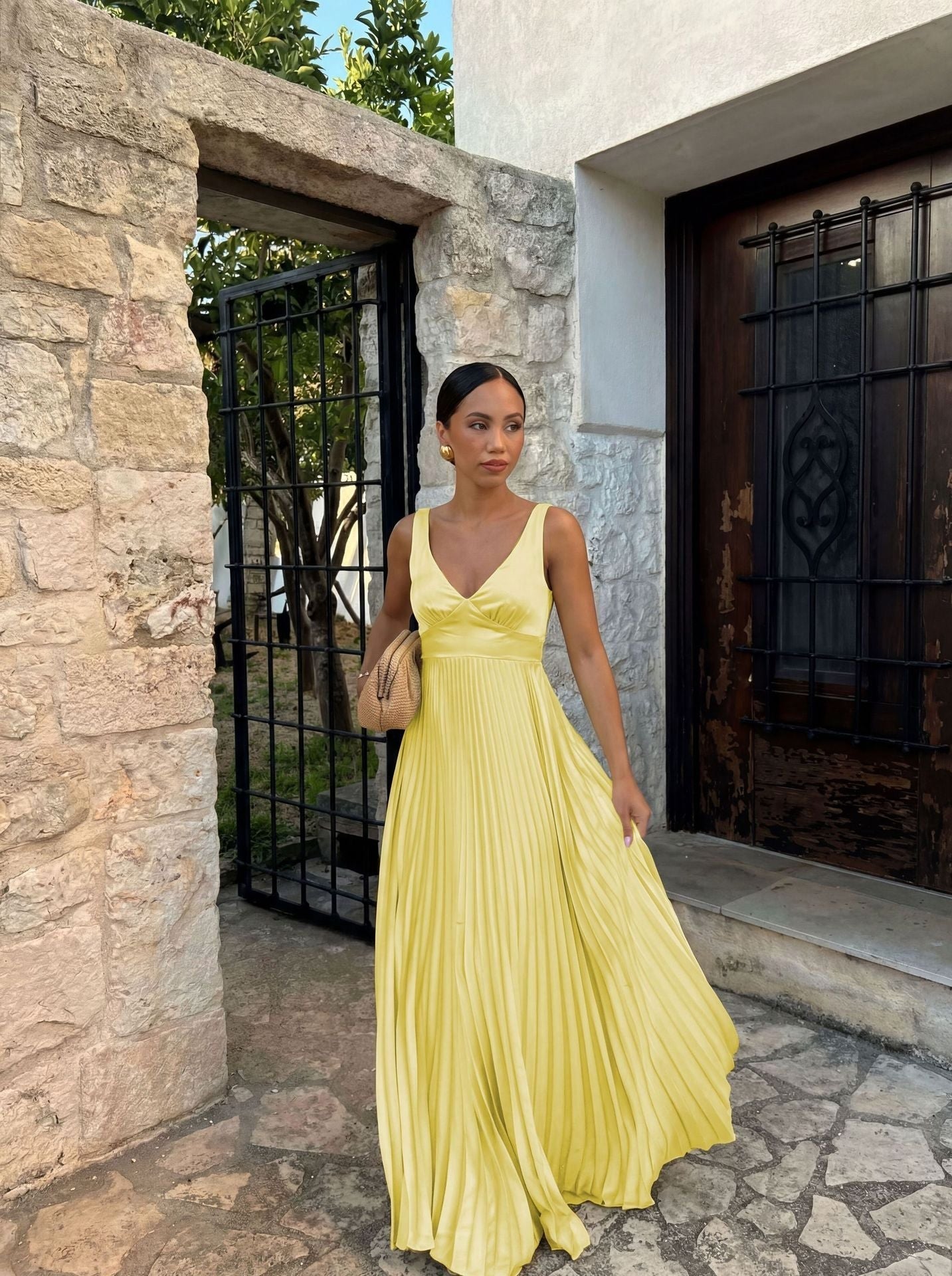 Monique | Women's Pleated Maxi Dress with V-Neckline, Formal Wedding Guest Dress | Bella Blue