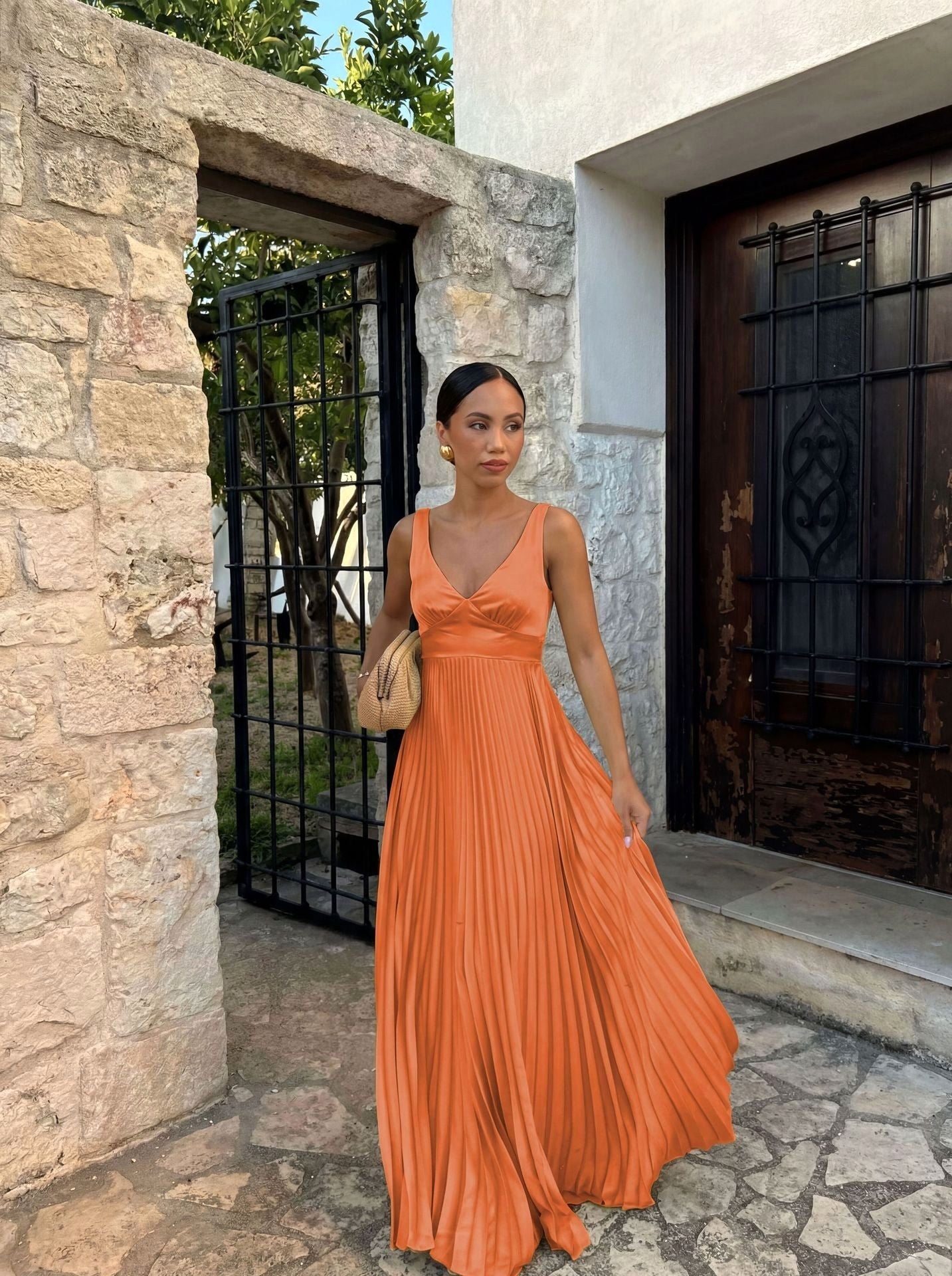 Monique | Women's Pleated Maxi Dress with V-Neckline, Formal Wedding Guest Dress | Bella Blue