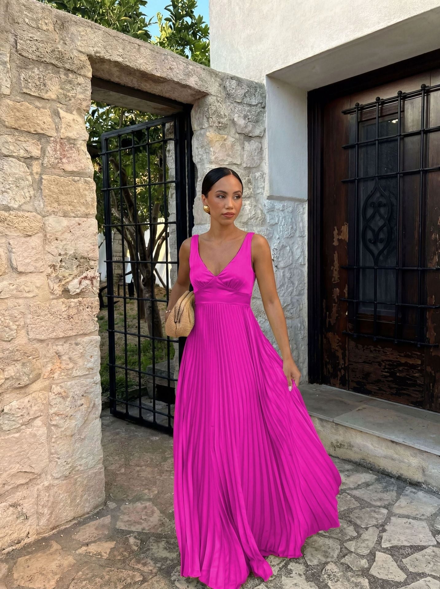 Monique | Women's Pleated Maxi Dress with V-Neckline, Formal Wedding Guest Dress | Bella Blue