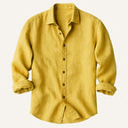 Nathan | Men's Long Sleeve Linen Shirt, Vintage Tailored Shirt | Bella Blue | Brown