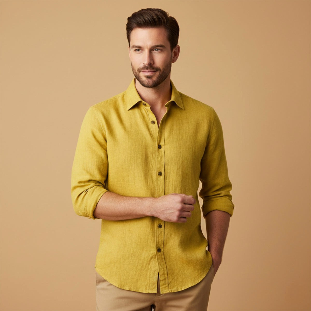 Nathan | Men's Long Sleeve Linen Shirt, Vintage Tailored Shirt | Bella Blue | Black