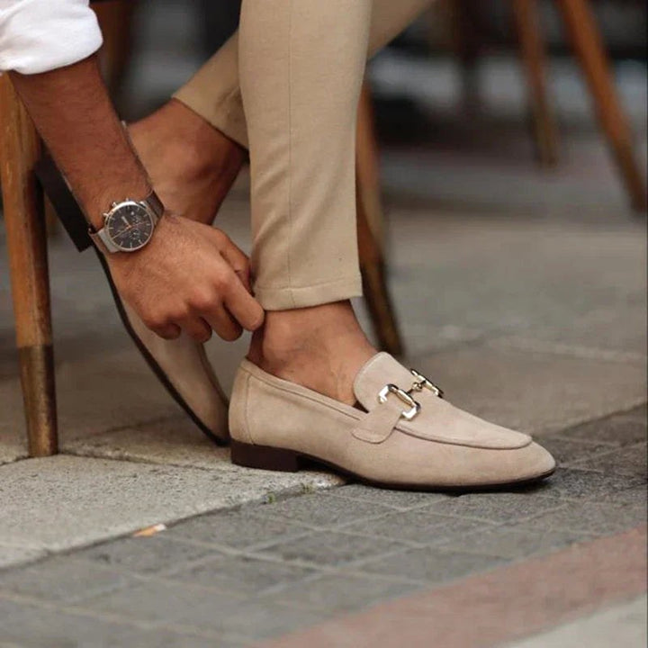 Nathan | Men's Suede Loafers with Horsebit Detail, Slip-On Loafers | Bella Blue | Beige
