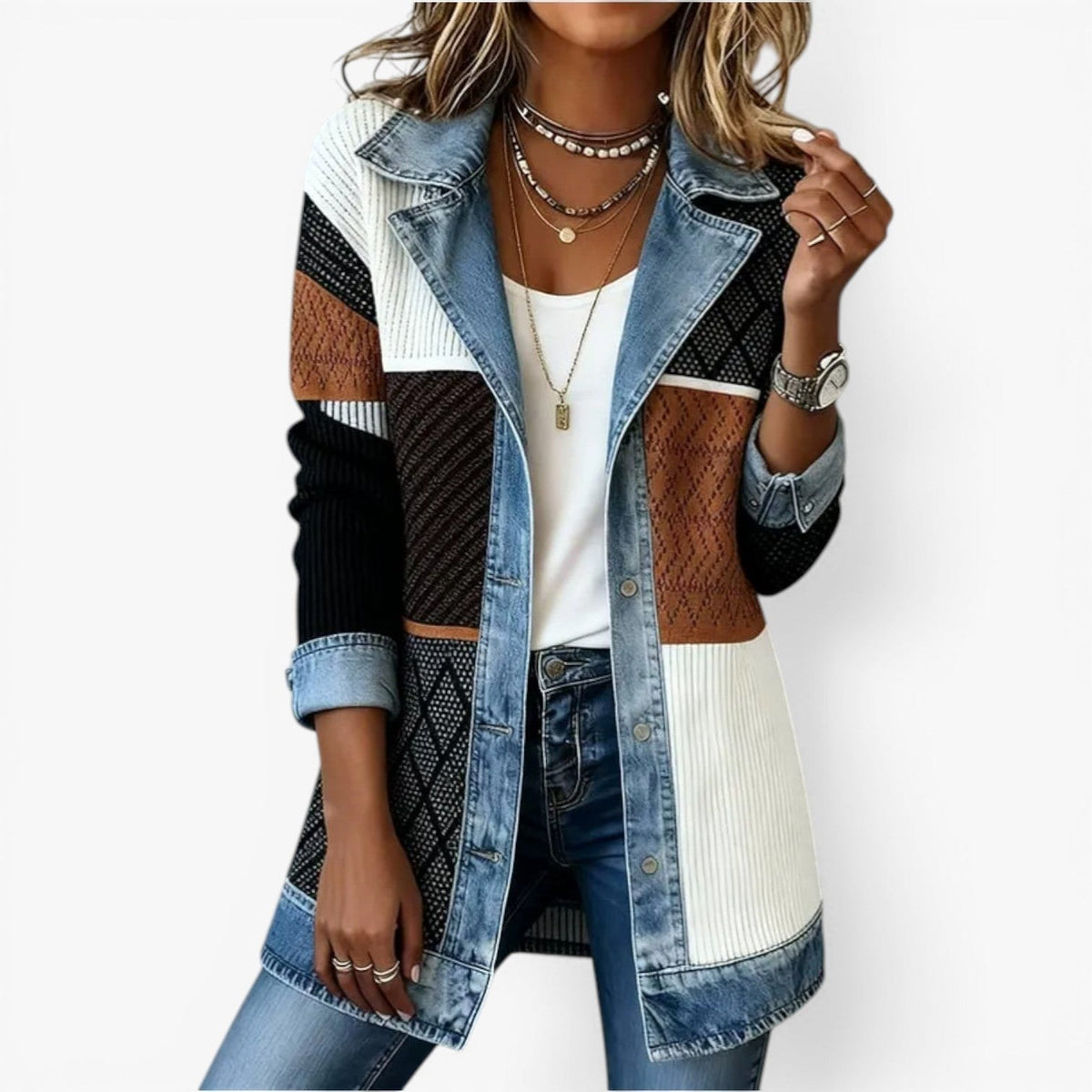 Noelle | Women's Hybrid Knit-Denim Jacket, Relaxed Button-Front Jacket | Bella Blue