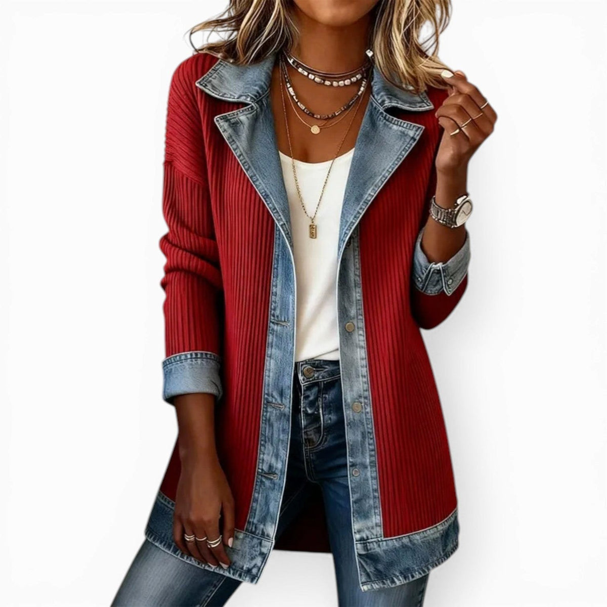 Noelle | Women's Hybrid Knit-Denim Jacket, Relaxed Button-Front Jacket | Bella Blue