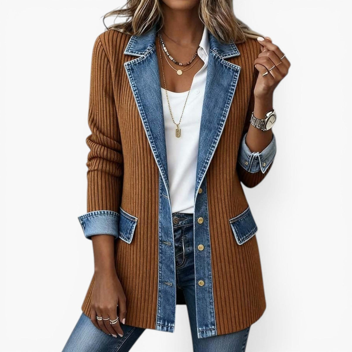 Noelle | Women's Hybrid Knit-Denim Jacket, Relaxed Button-Front Jacket | Bella Blue
