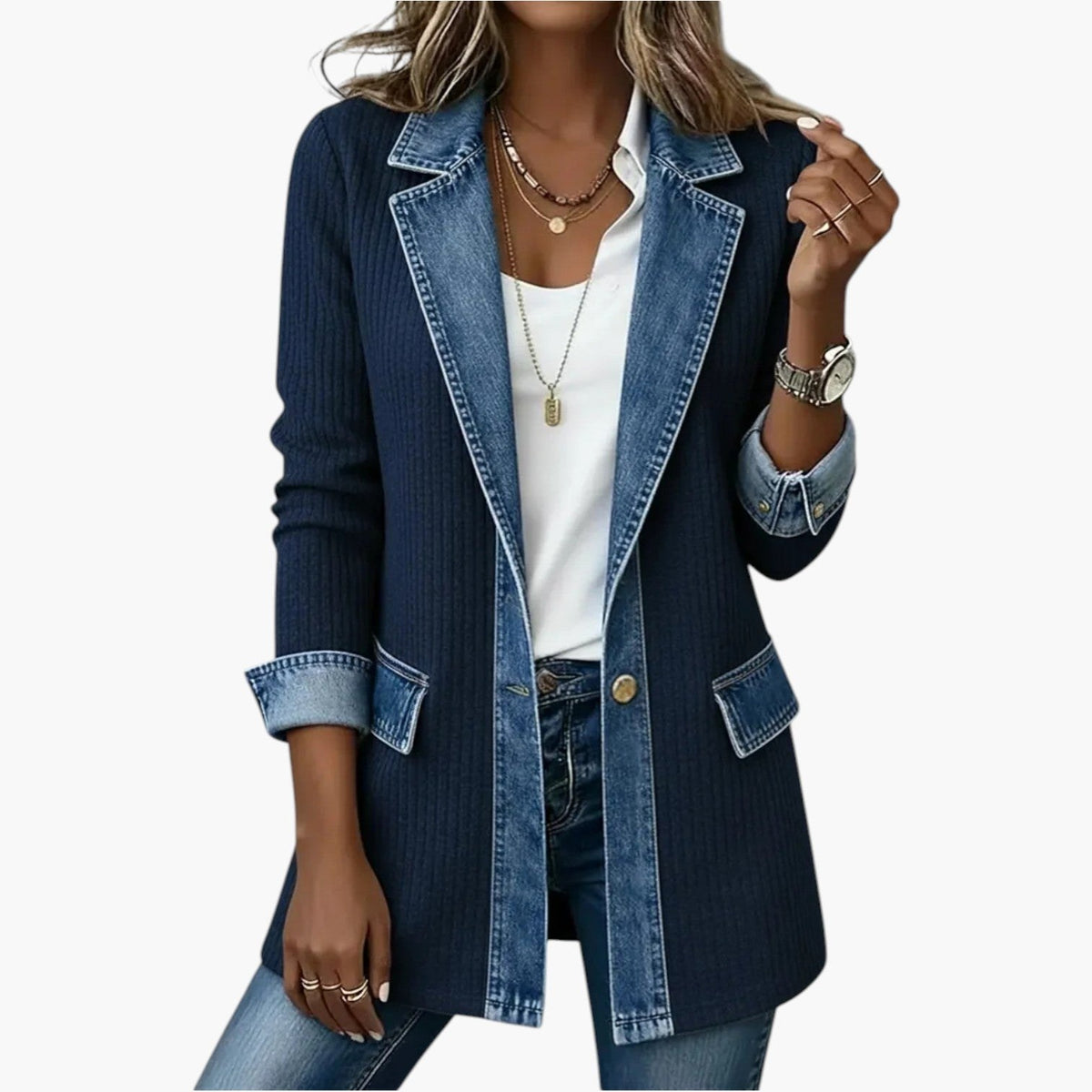 Noelle | Women's Hybrid Knit-Denim Jacket, Relaxed Button-Front Jacket | Bella Blue