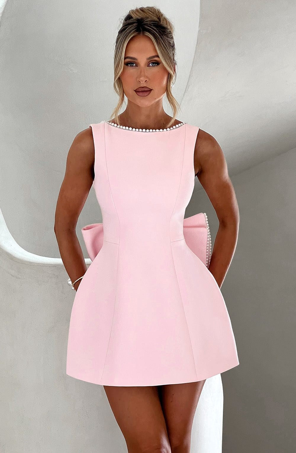 Noemie | Women's A-Line Mini Dress with Pearl Trim, Wedding Guest Dress | Bella Blue | Pink