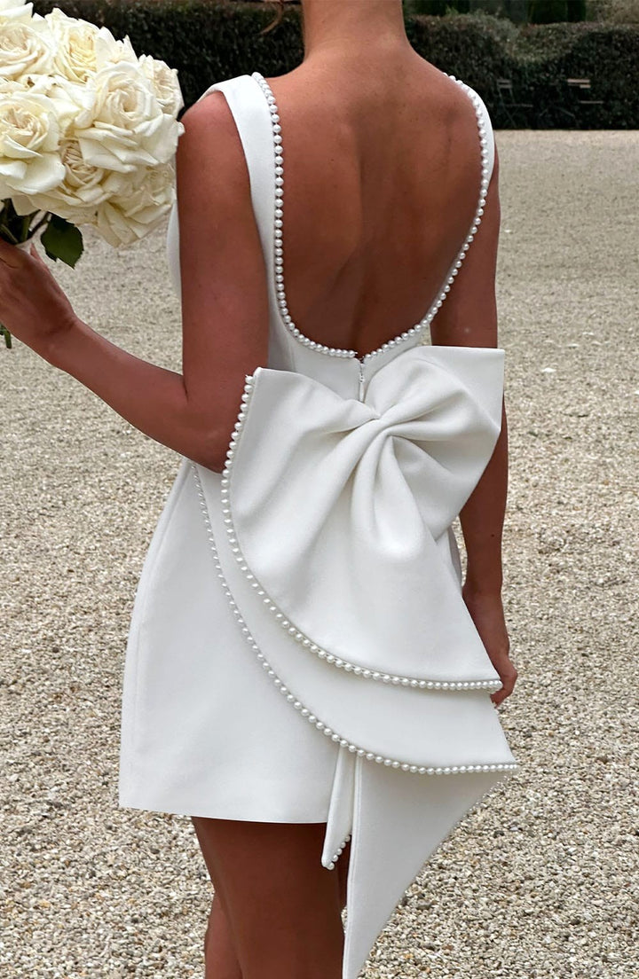 Noemie | Women's A-Line Mini Dress with Pearl Trim, Wedding Guest Dress | Bella Blue