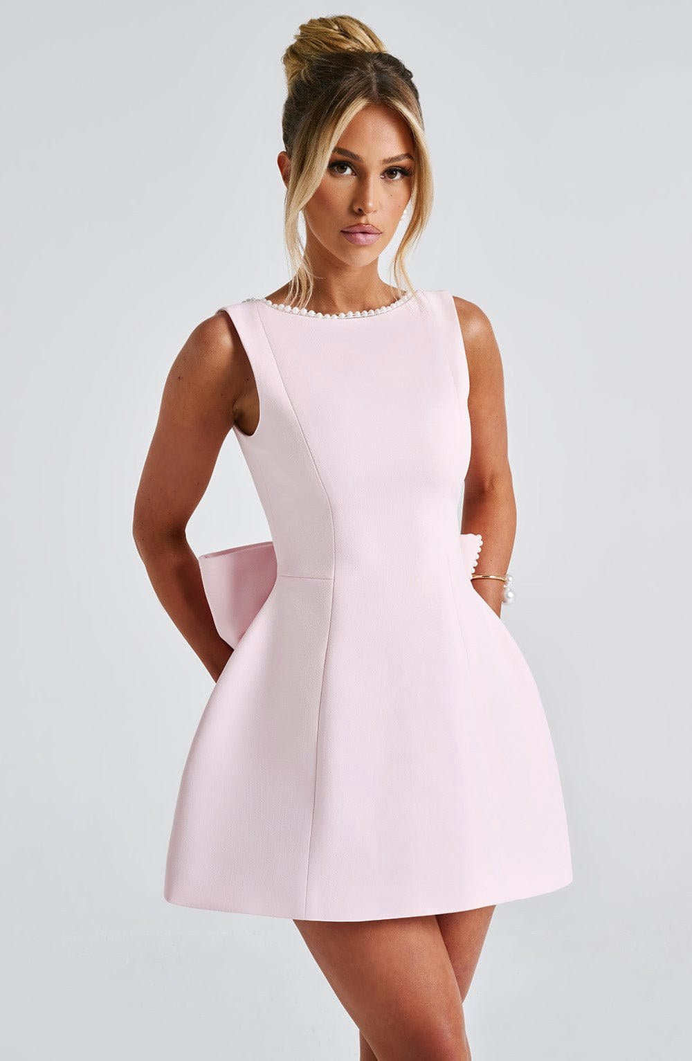 Noemie | Women's A-Line Mini Dress with Pearl Trim, Wedding Guest Dress | Bella Blue | Black