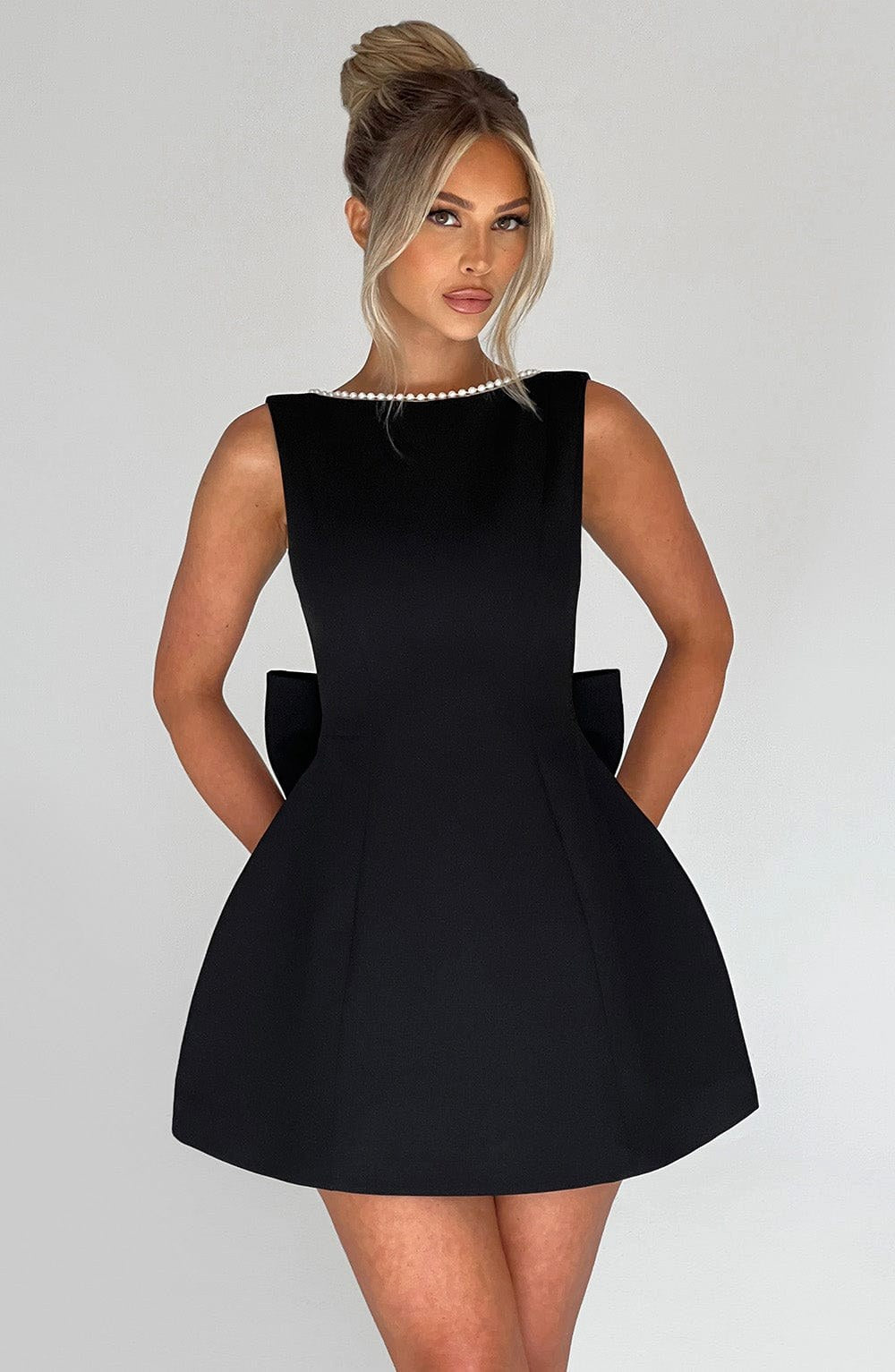 Noemie | Women's A-Line Mini Dress with Pearl Trim, Wedding Guest Dress | Bella Blue